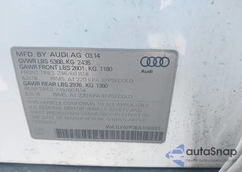 2014 Audi Q5 2.0T Premium из США, поврежденный, VIN WA1LFAFP3EA106931